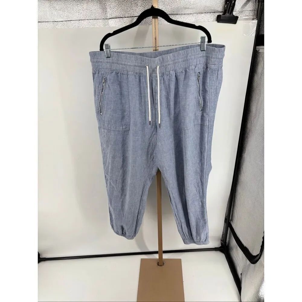 Athleta Cabo Linen Jogger Pants Drawstring Size 20 Blue Resort